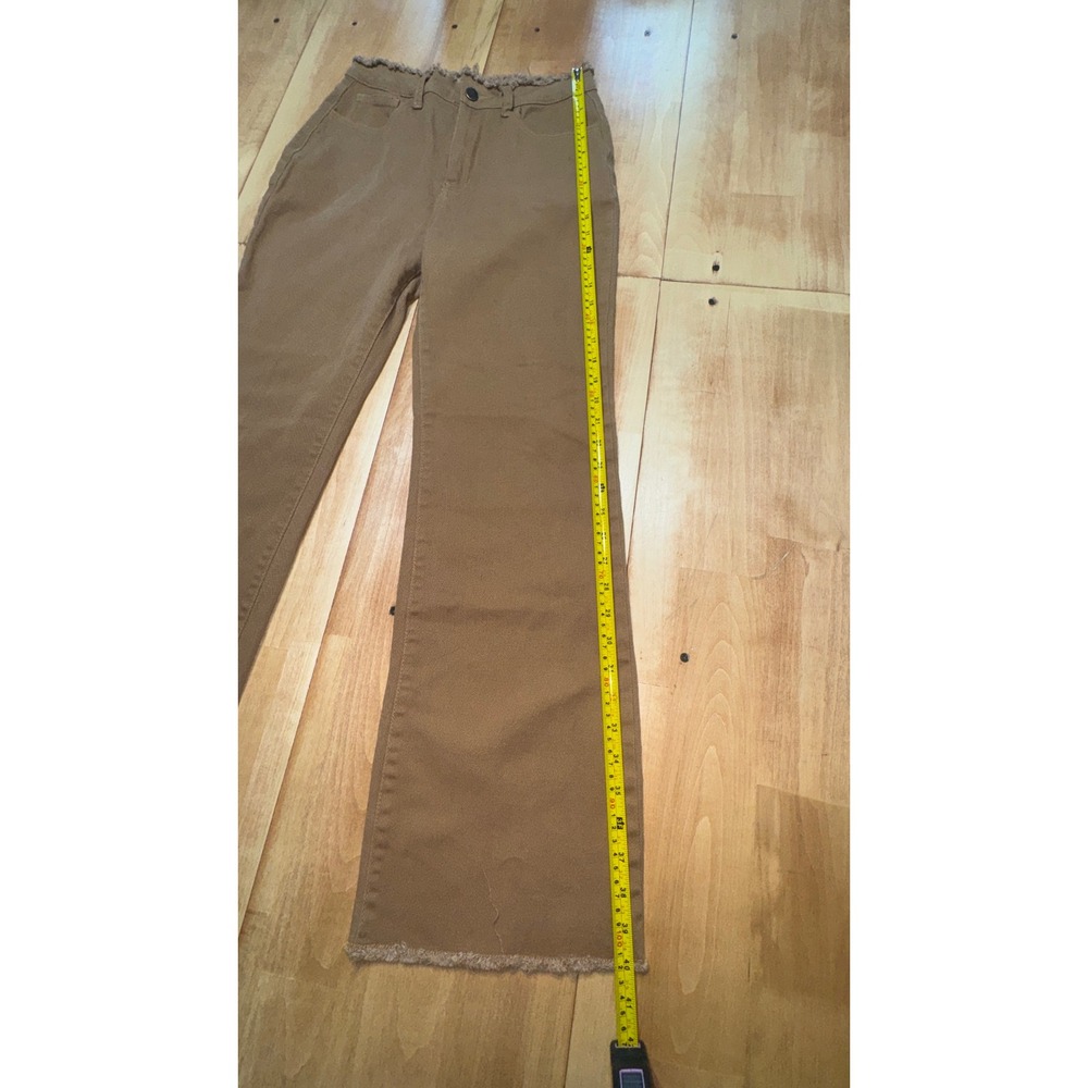 High Rise Wide Leg Flare Jeans Camel Brown Frayed‎ Raw Hem Denim Pants 28 Waist - Picture 6 of 6